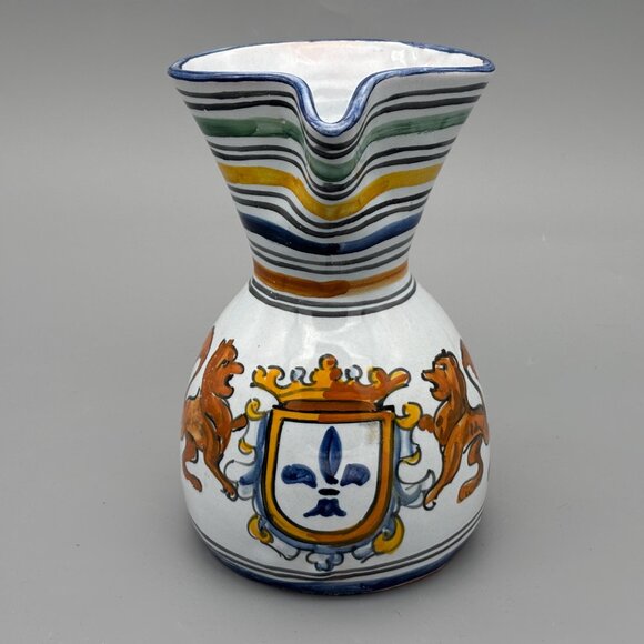 Vintage Talavera Spain Pottery Pitcher with Hand-Painted Lion Striped Rim 8 Inch - Picture 4 of 9